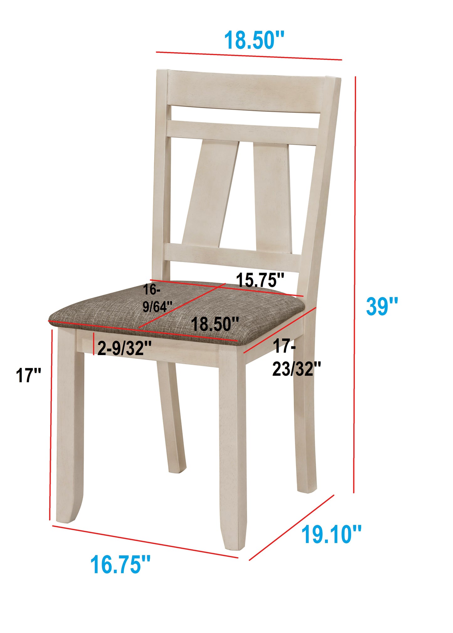 Light beige wood dining chair with fabric seat and dimensional callouts