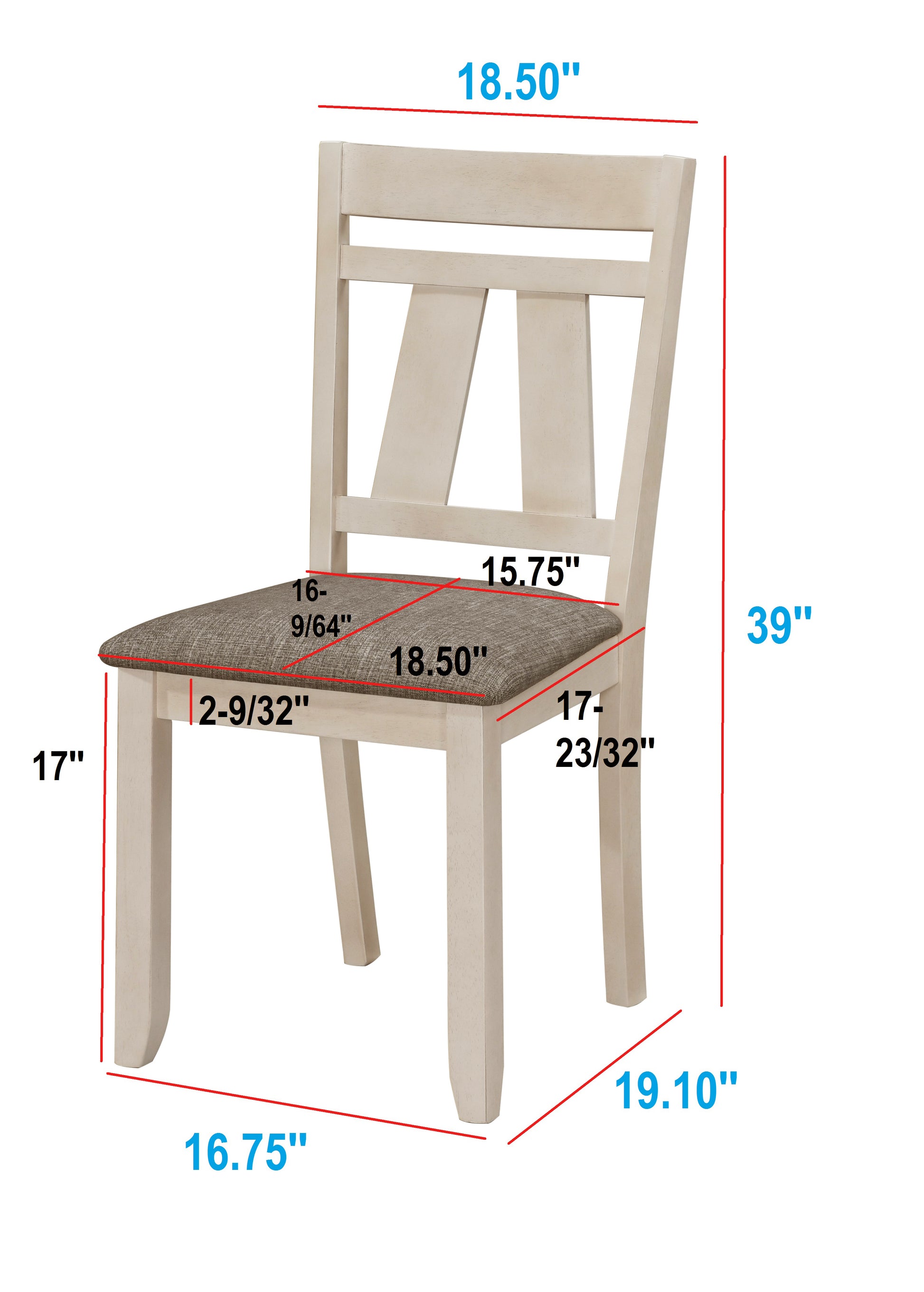 Light beige wood dining chair with fabric seat and dimensional callouts
