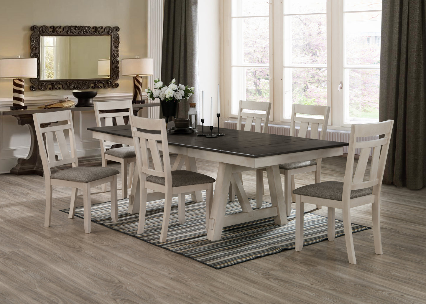 Farmhouse dining table set with distressed white base and dark wood top