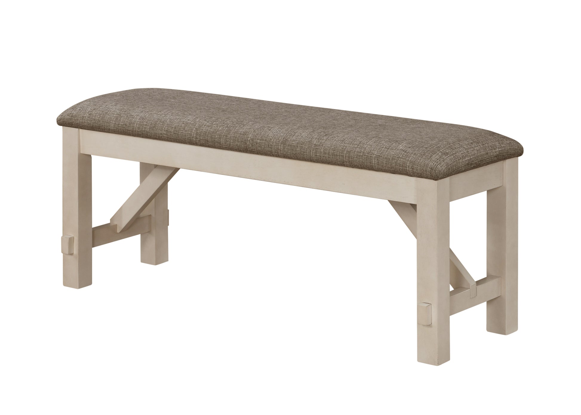 Cream upholstered dining bench with wooden base