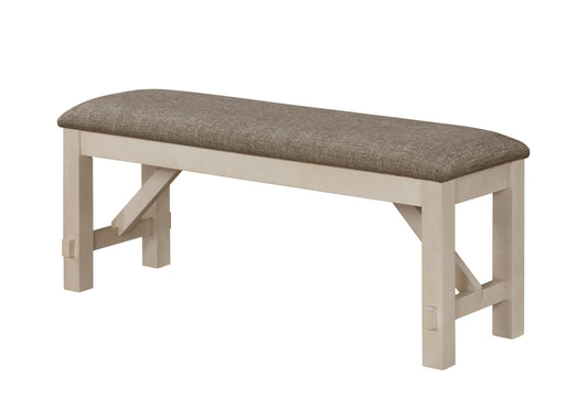 Cream upholstered dining bench with wooden base