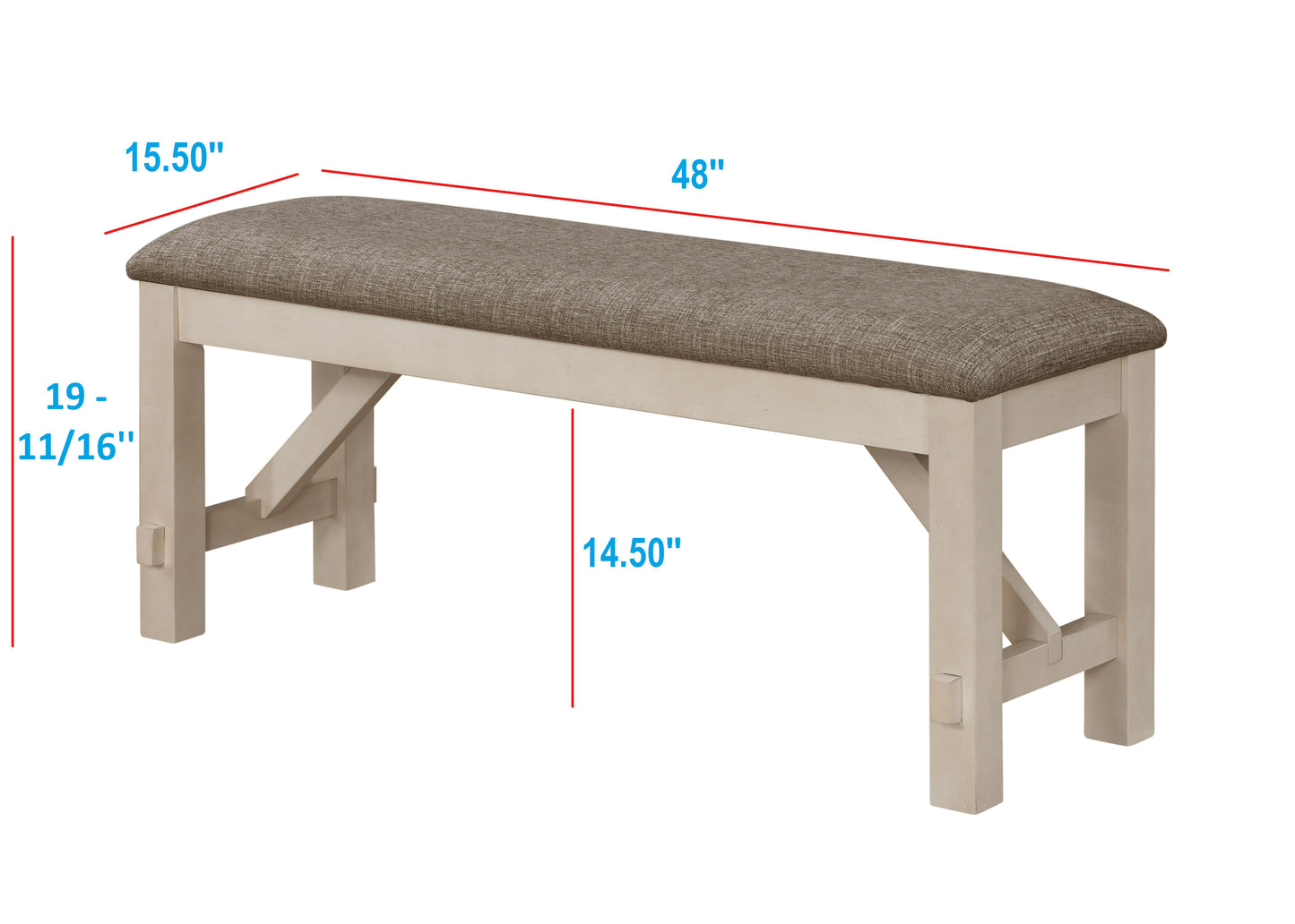Rustic white dining bench with textured taupe fabric seat  L x  W