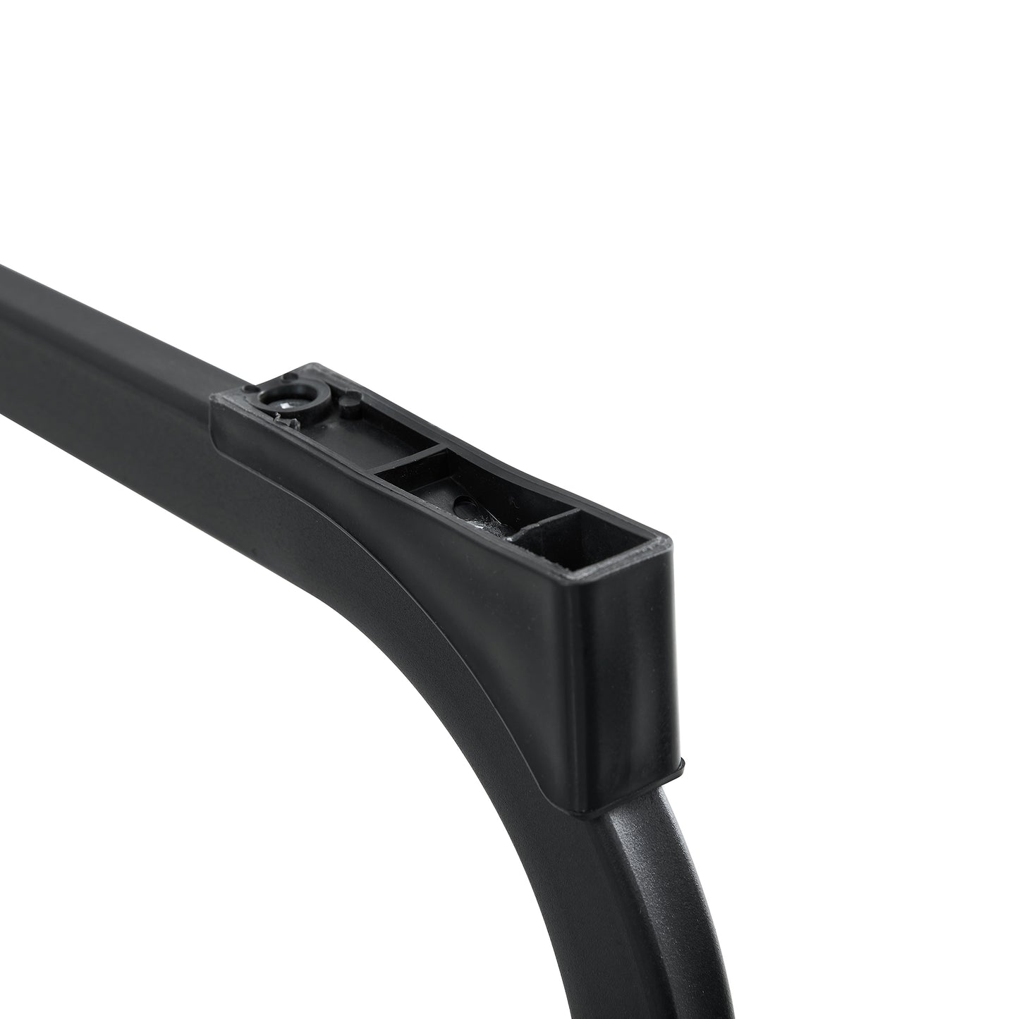 Black plastic bracket for shelving unit with predrilled holes