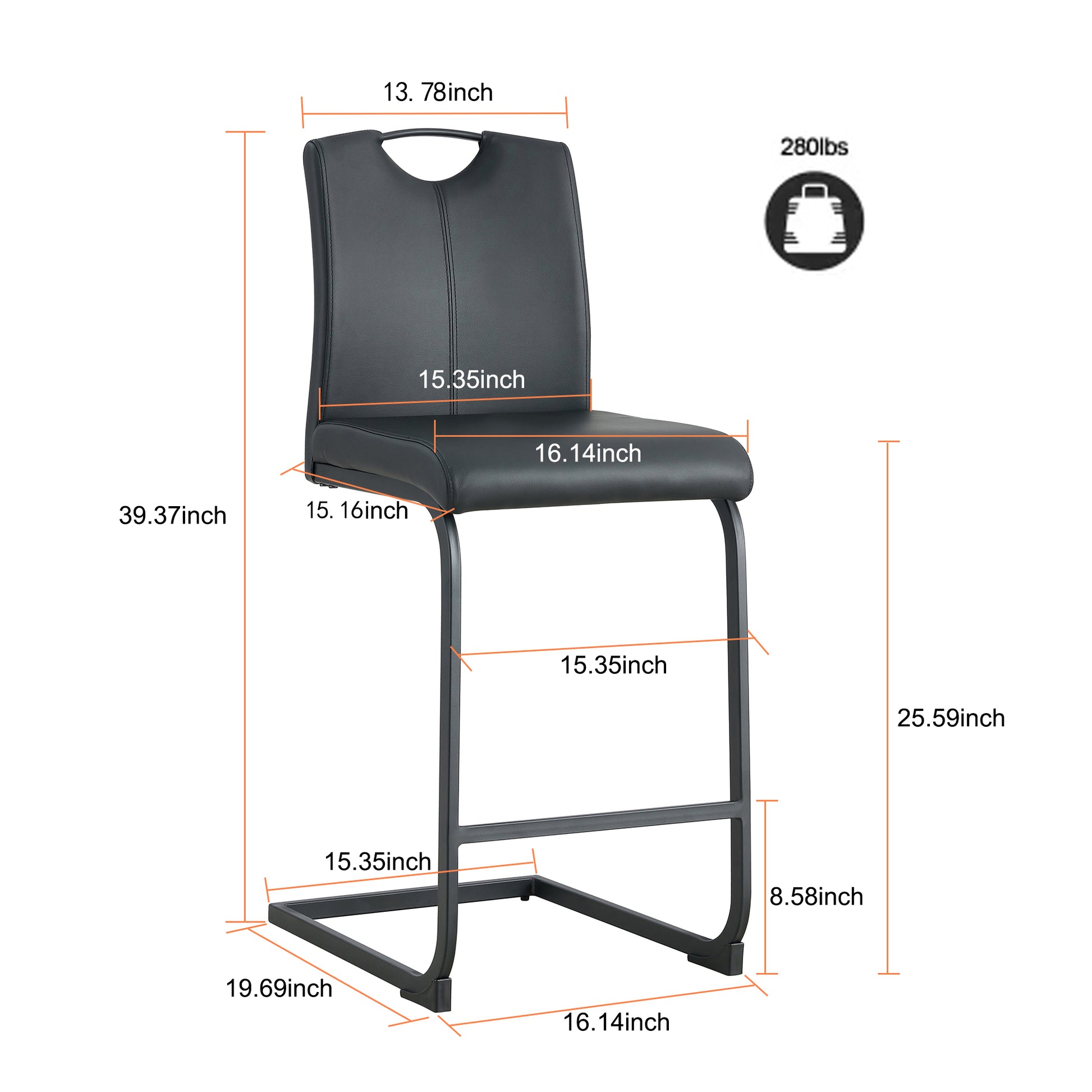 Black faux leather bar stool with curved backrest and metal frame lbs capacity