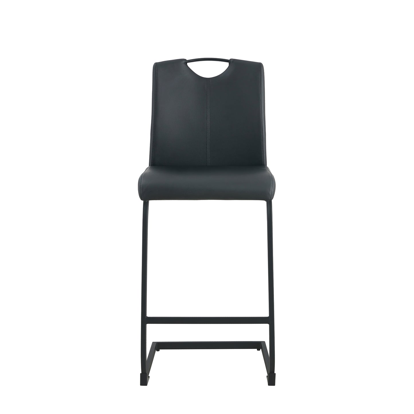 Black leatherette bar stool with a cutout handle on the backrest