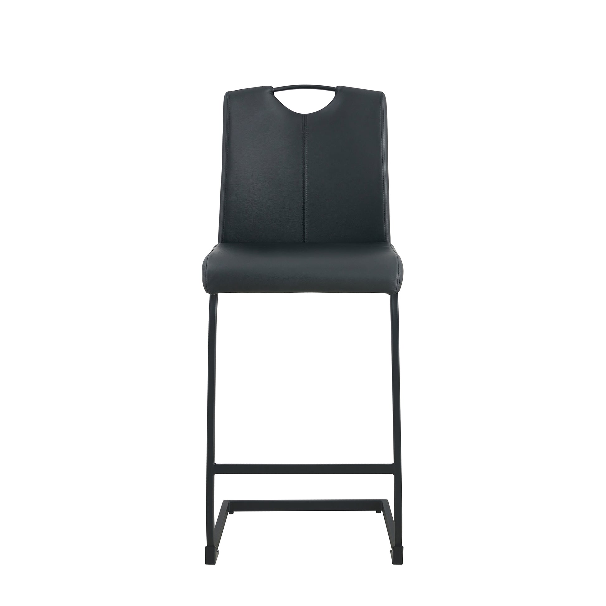 Black leatherette bar stool with a cutout handle on the backrest