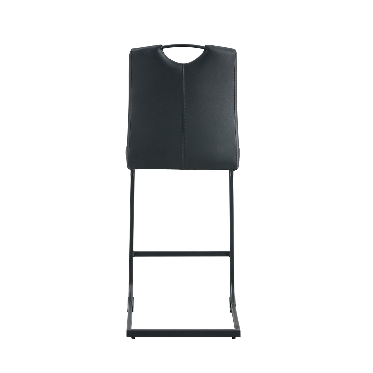 Black faux leather bar stool with sleek metal legs and integrated handle