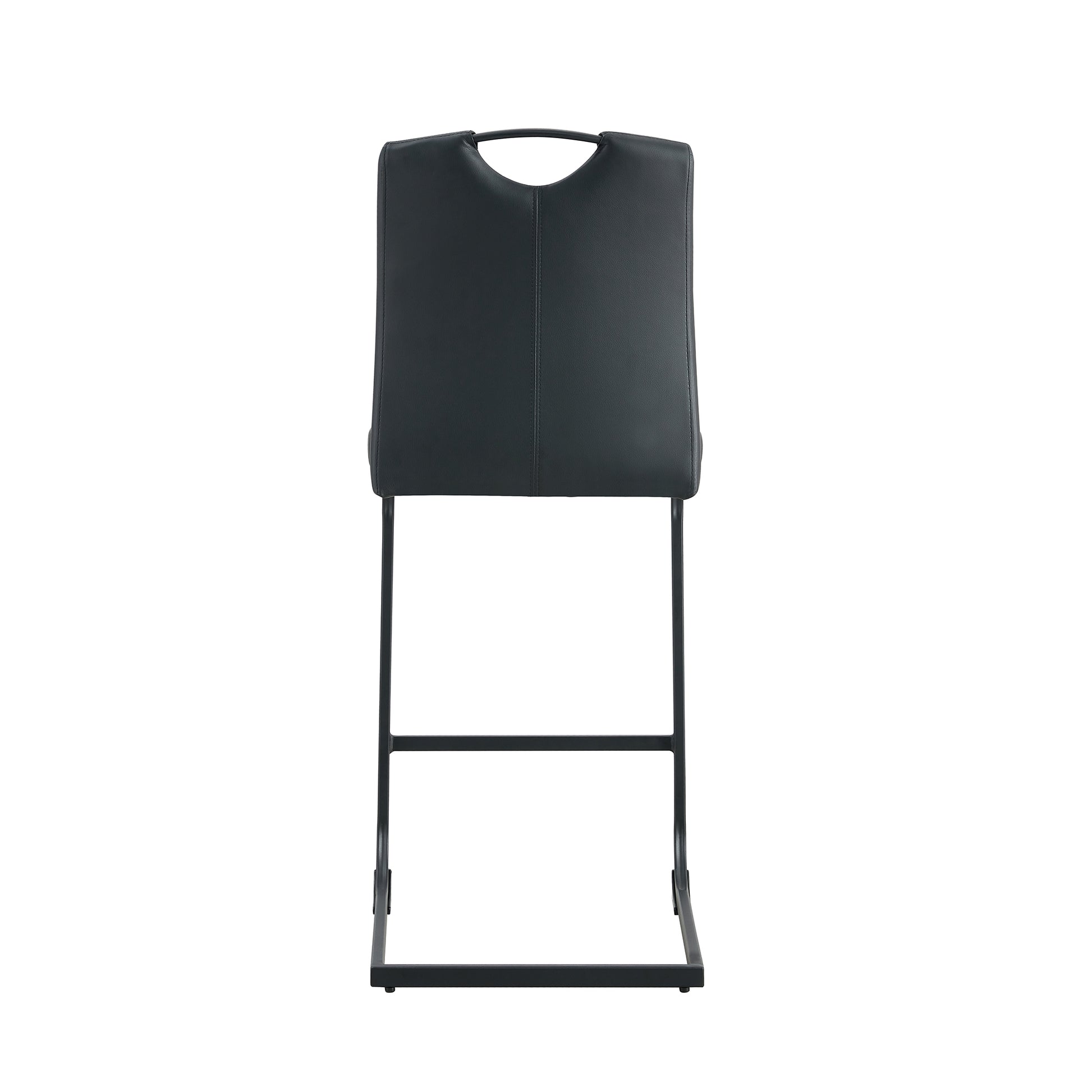 Black faux leather bar stool with sleek metal legs and integrated handle