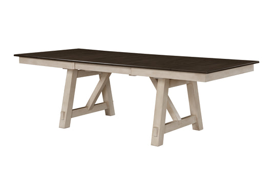 Rustic dining table with dark wood top and distressed cream legs