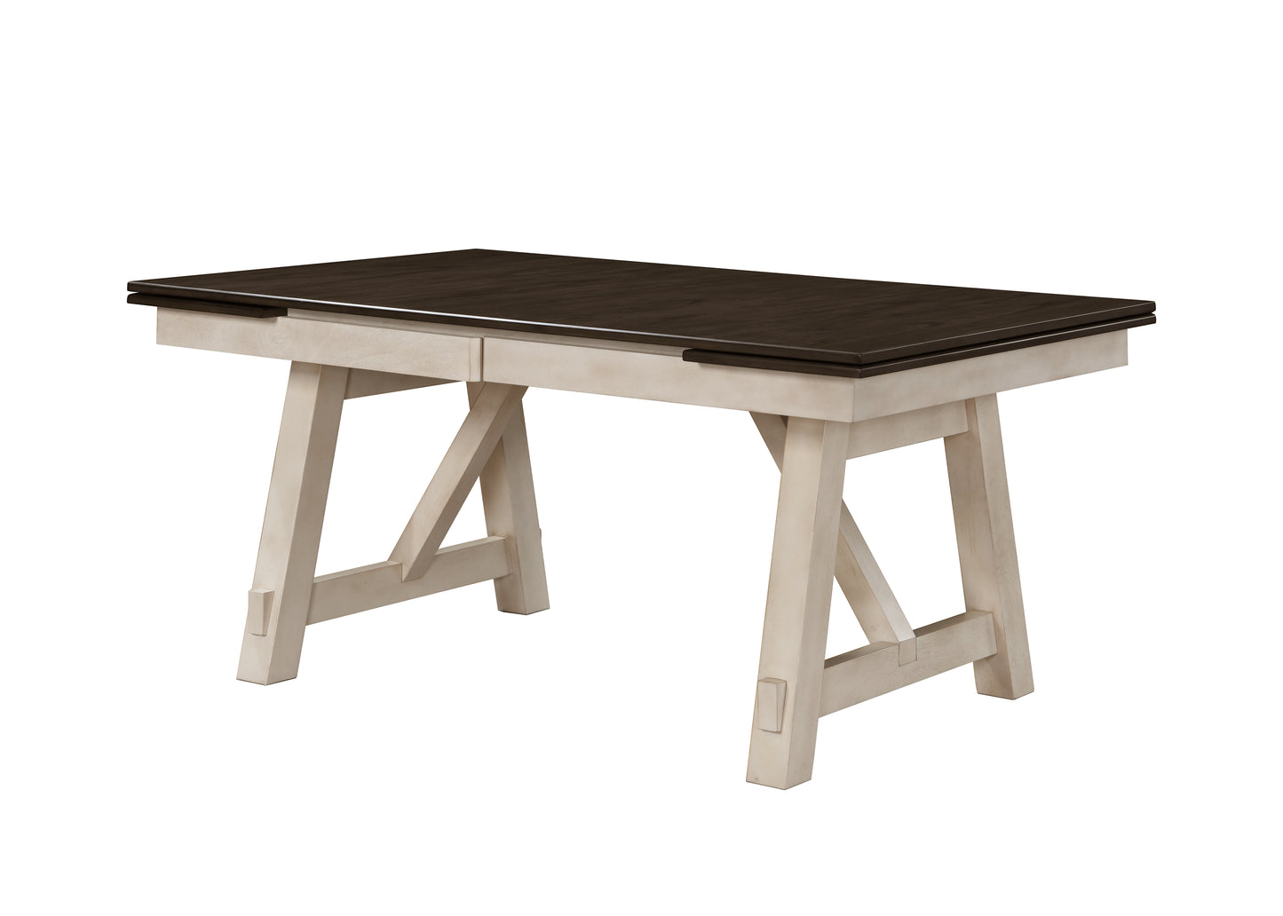 Rustic wooden dining table with dark wood top and cream Aframe legs