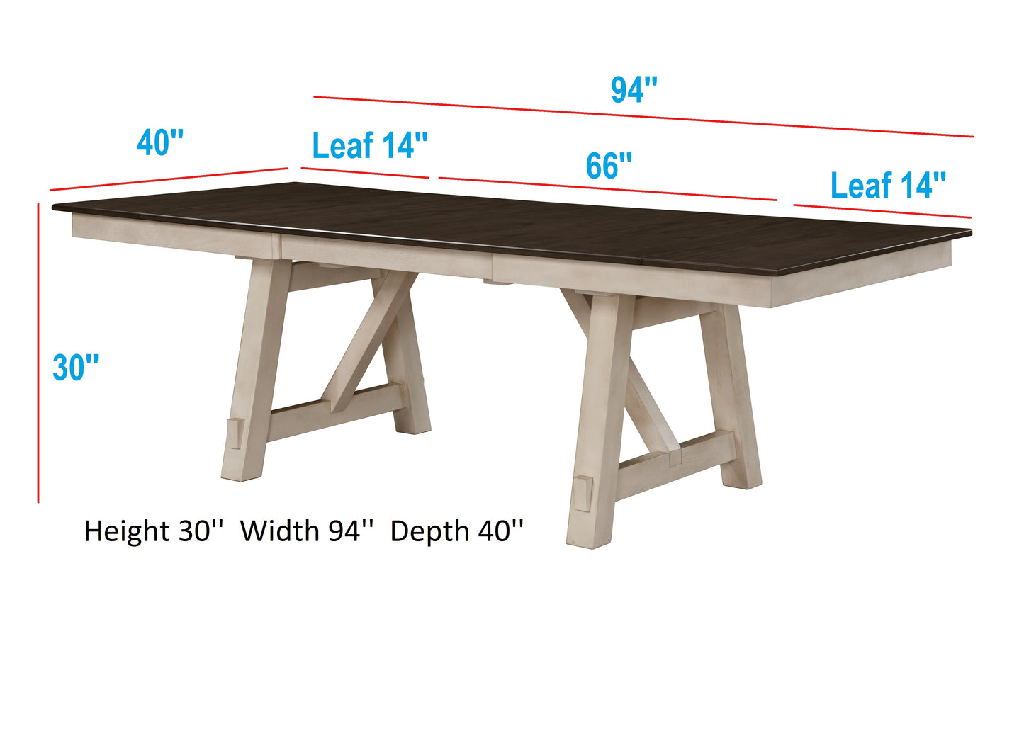 Farmhouse dining table with dark wood top and distressed cream base