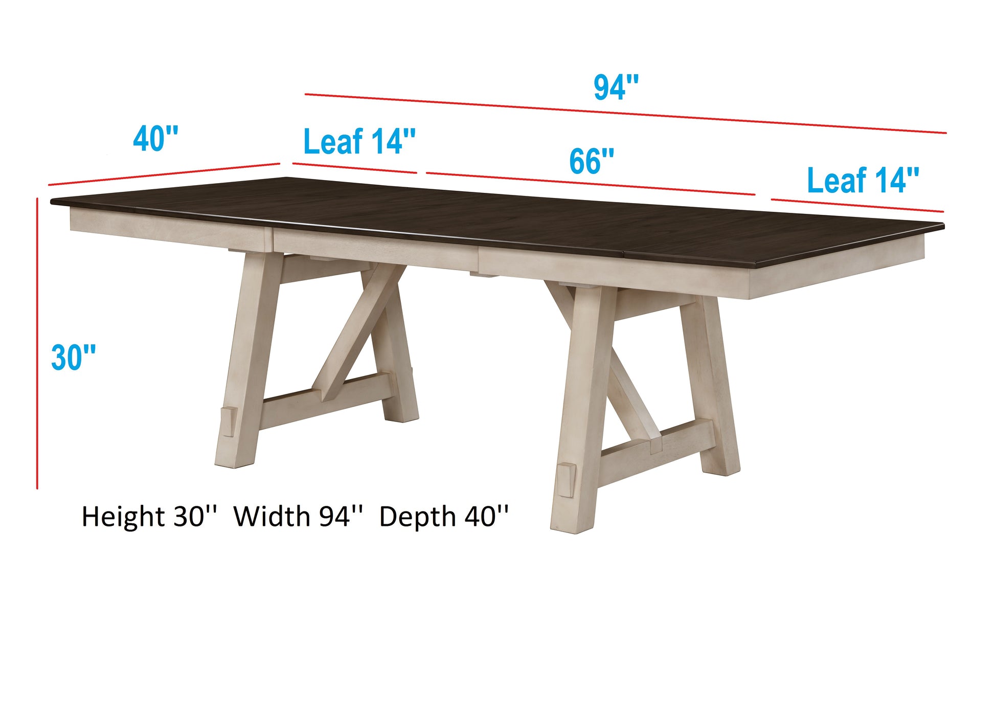 Farmhouse dining table with dark wood top and distressed cream base