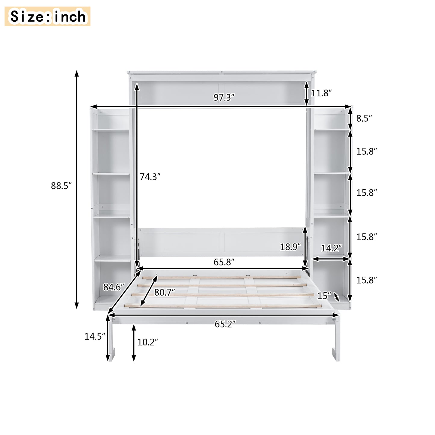 White twin bed frame with builtin shelving unit dimensions  H x  W