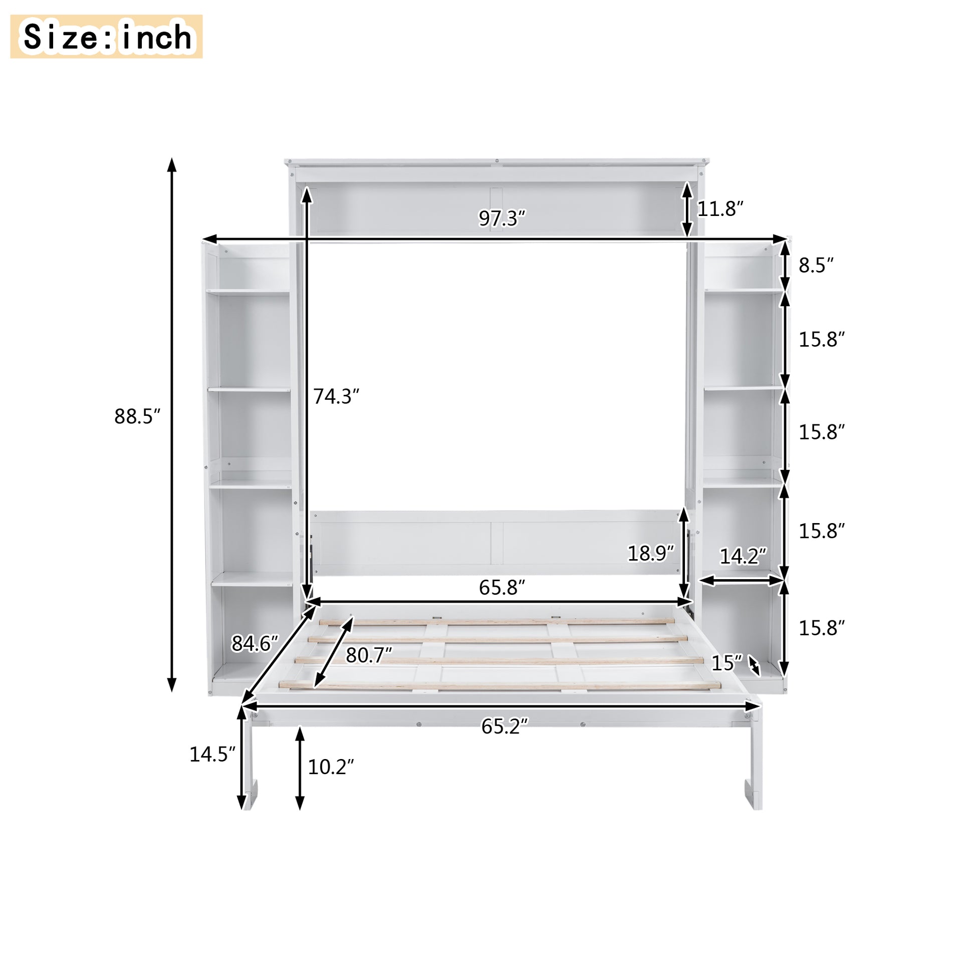 White twin bed frame with builtin shelving unit dimensions  H x  W