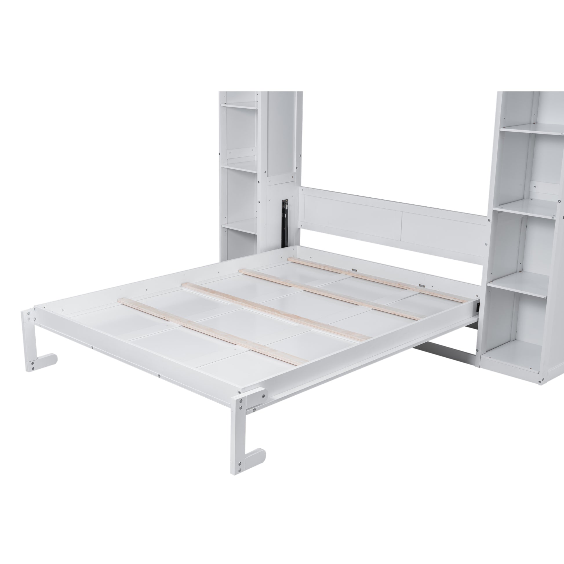 White wall bed frame with open shelves and slatted mattress support