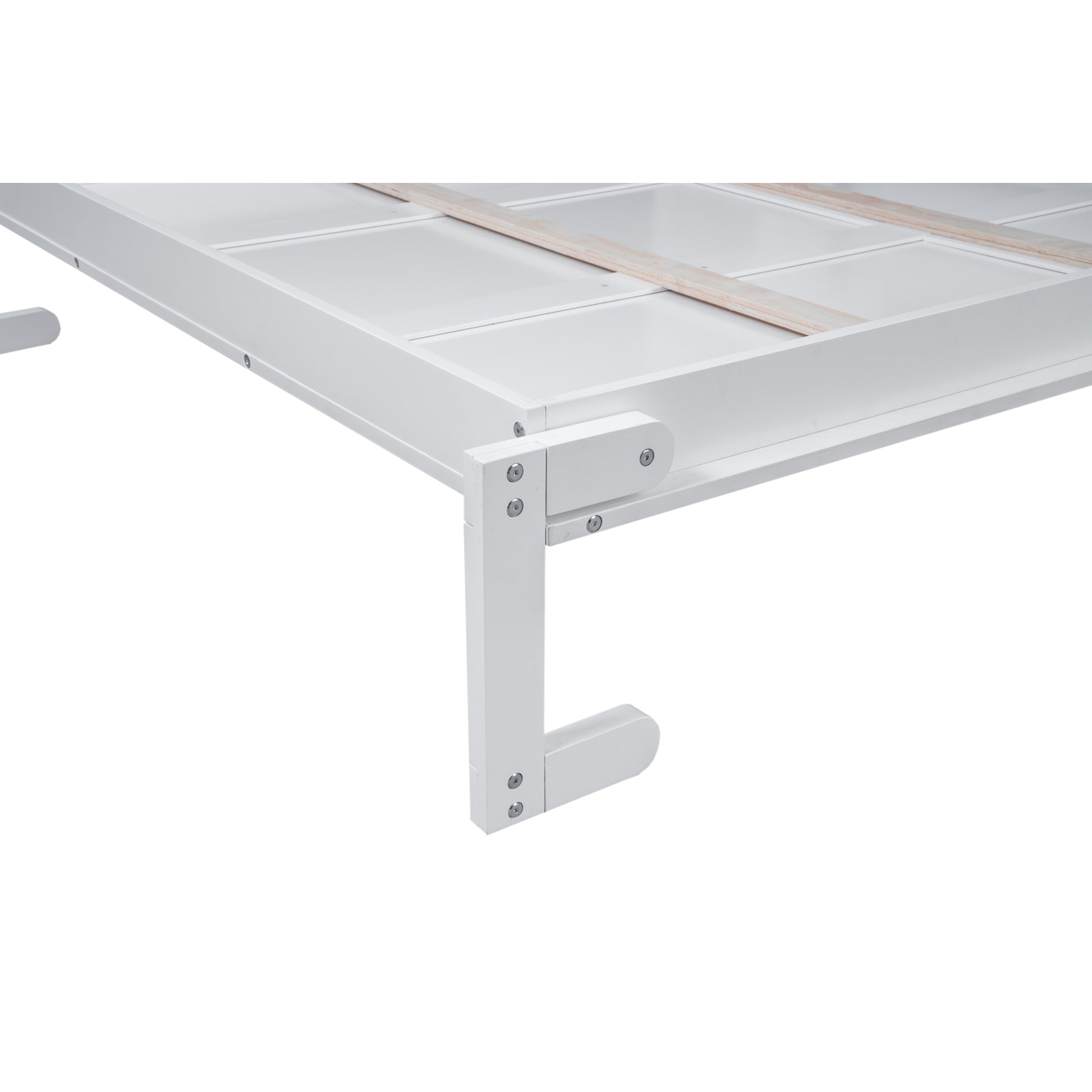 White wooden bed frame detail with slats and support leg