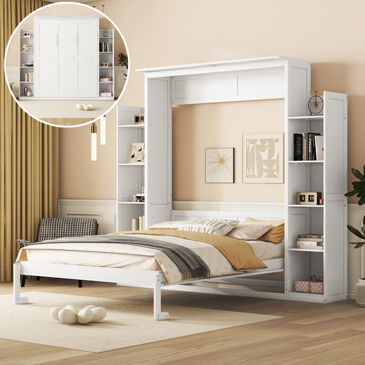 White Murphy bed with integrated bookshelves open for use