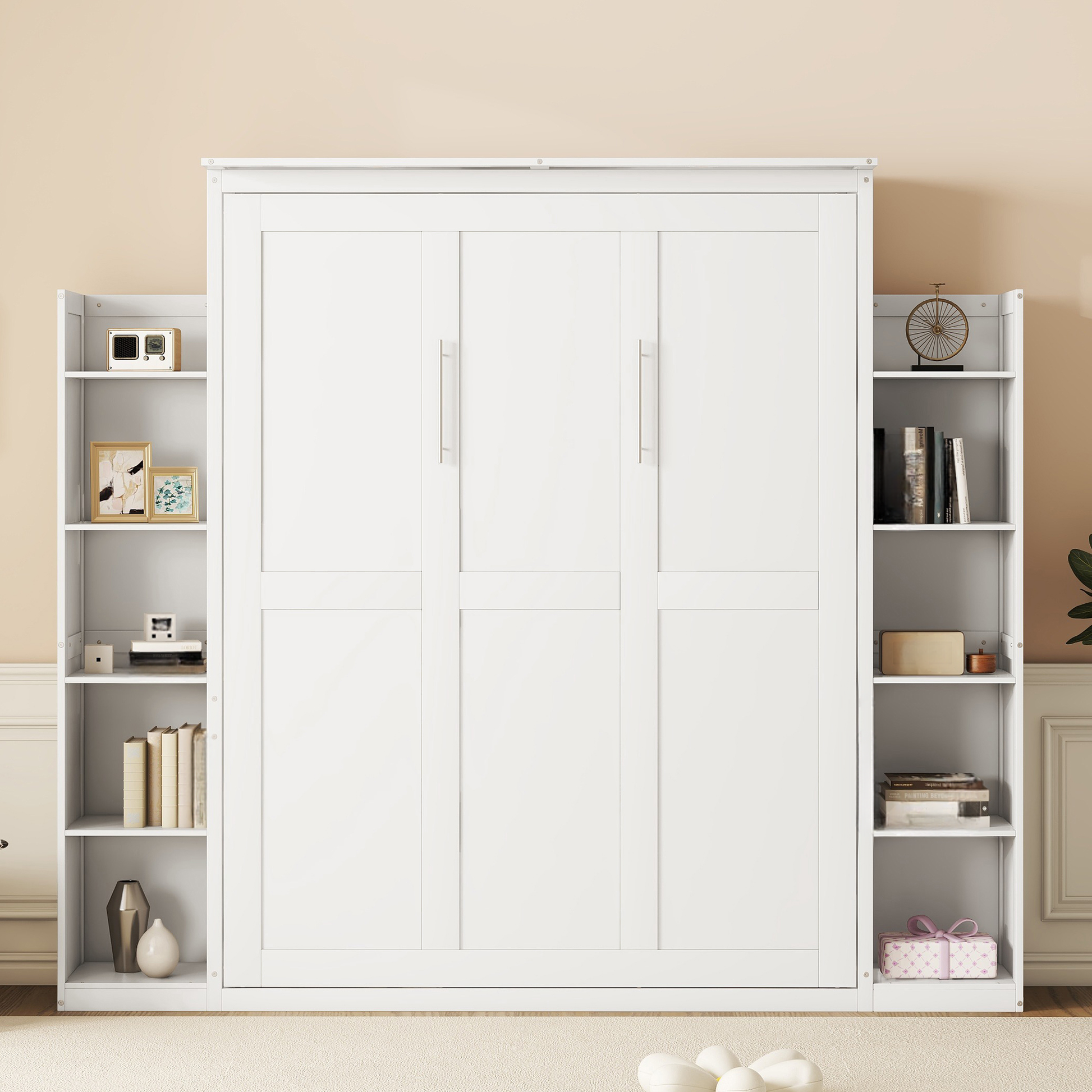 White Murphy bed with integrated bookshelves