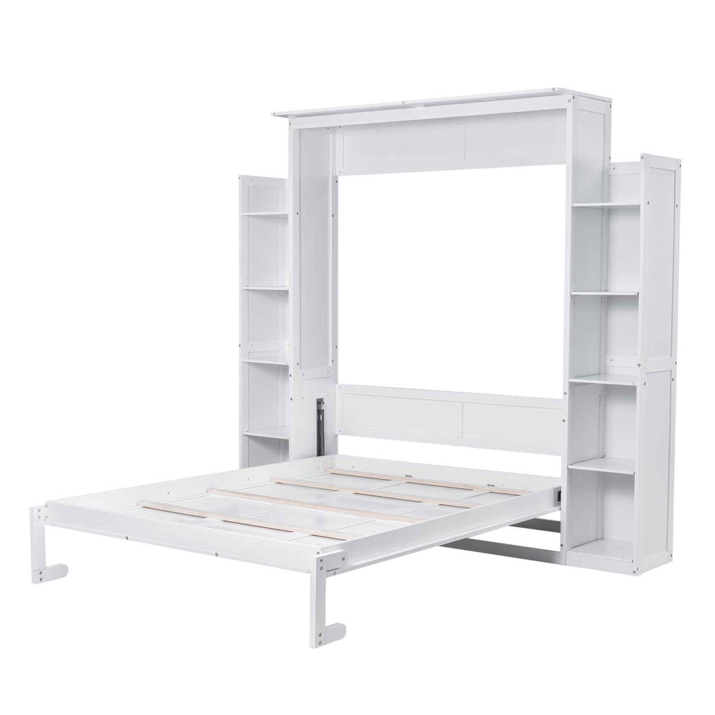 White Murphy bed with attached shelving units extended