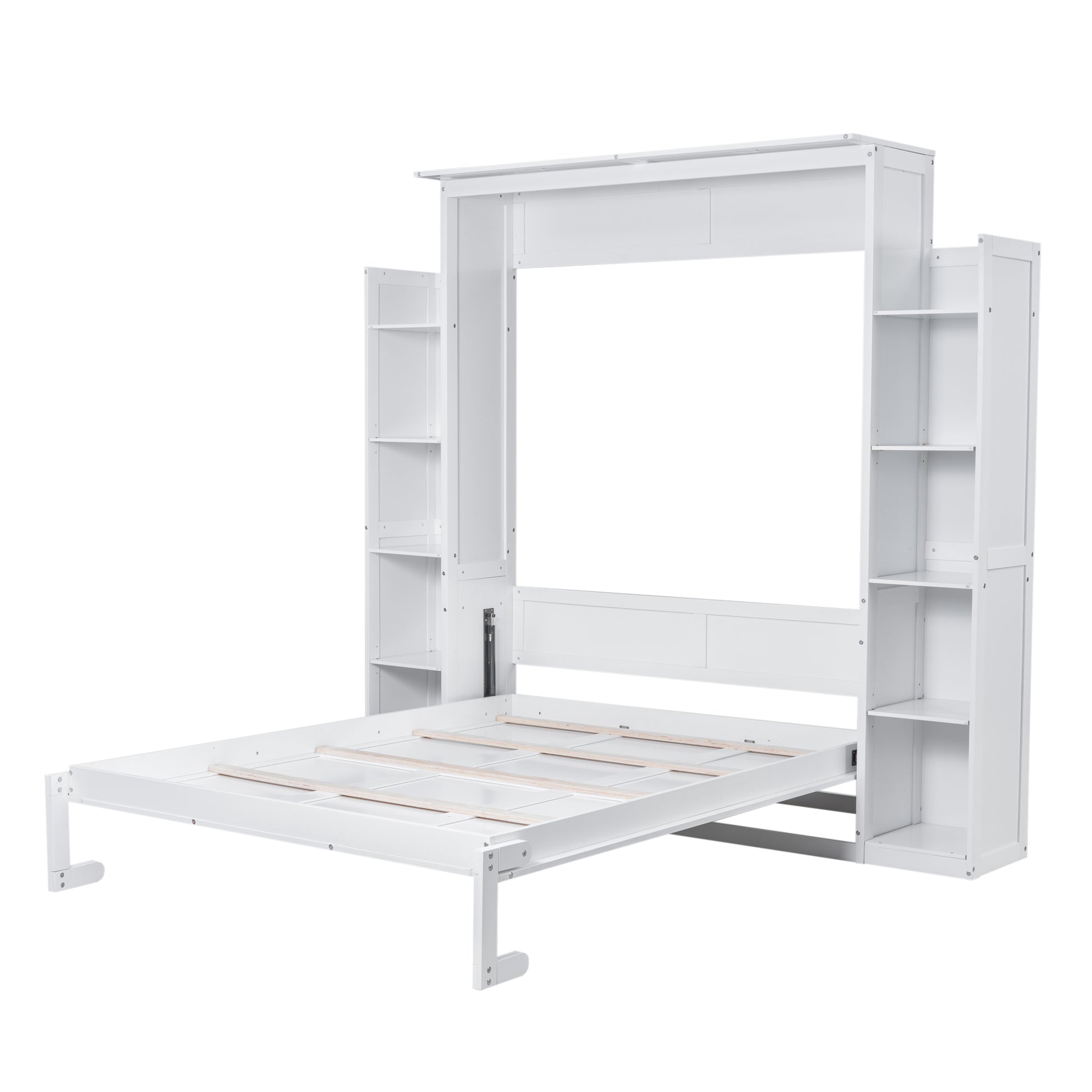 White Murphy bed with attached shelving units extended