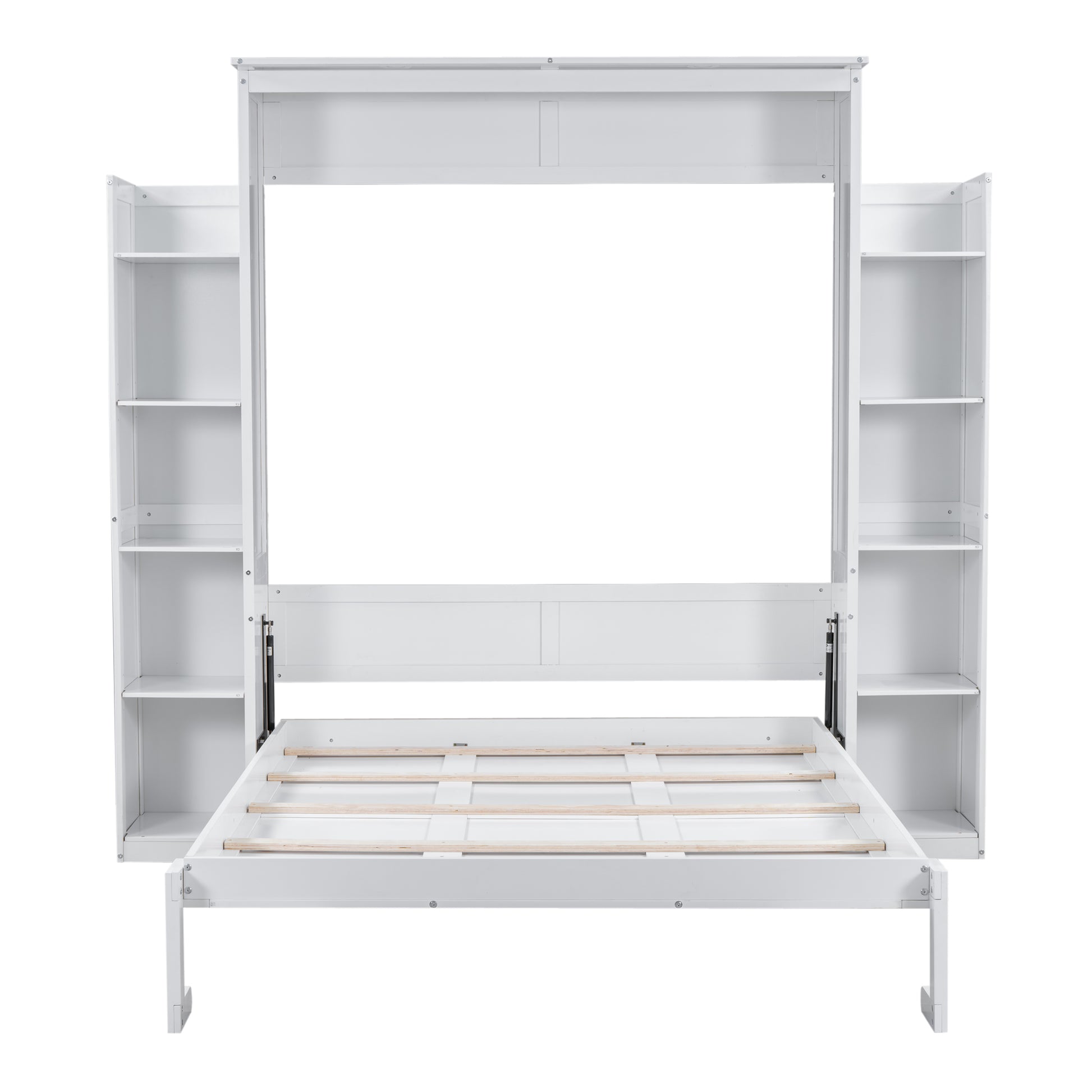 White murphy bed frame with open side shelving