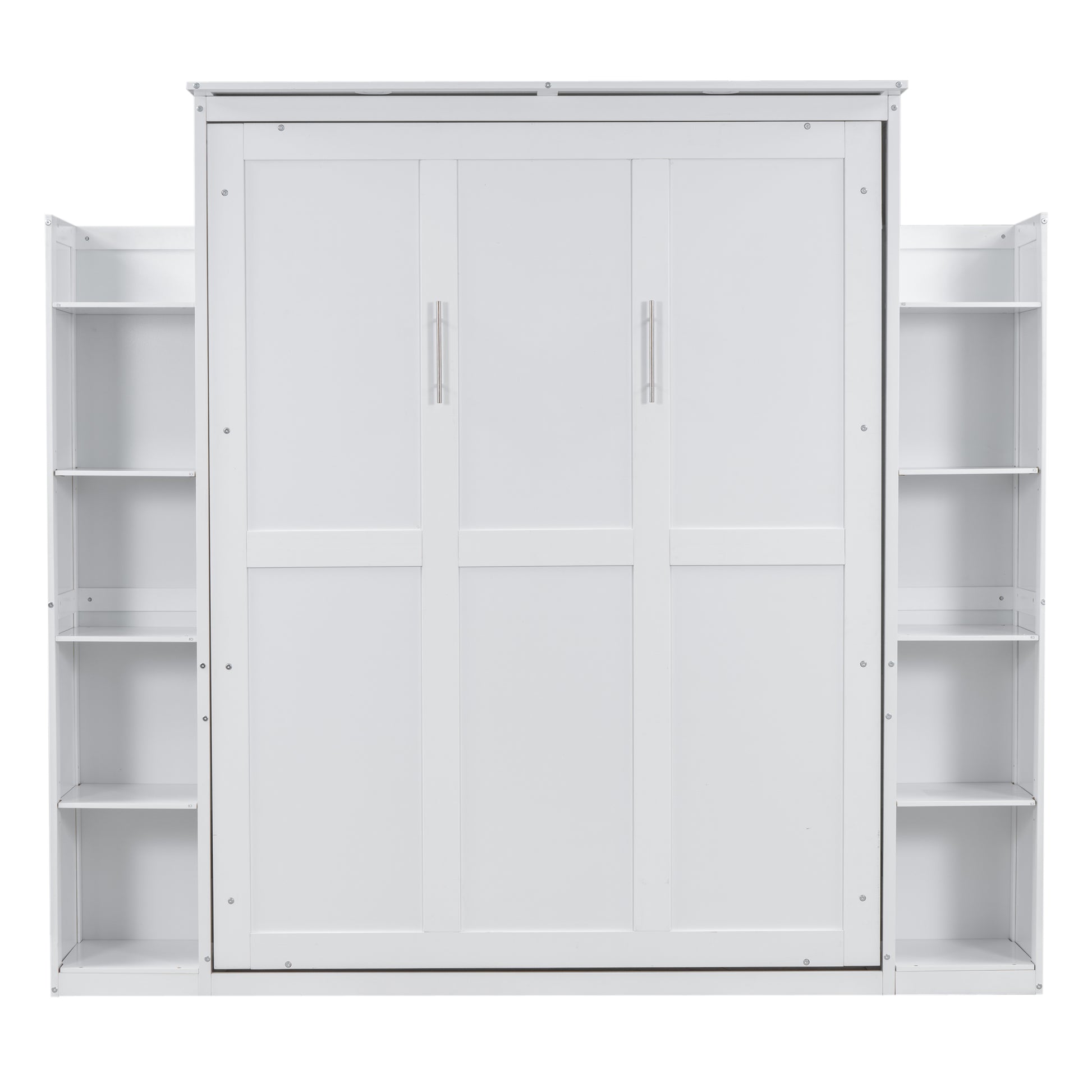 White murphy bed with integrated side shelving units
