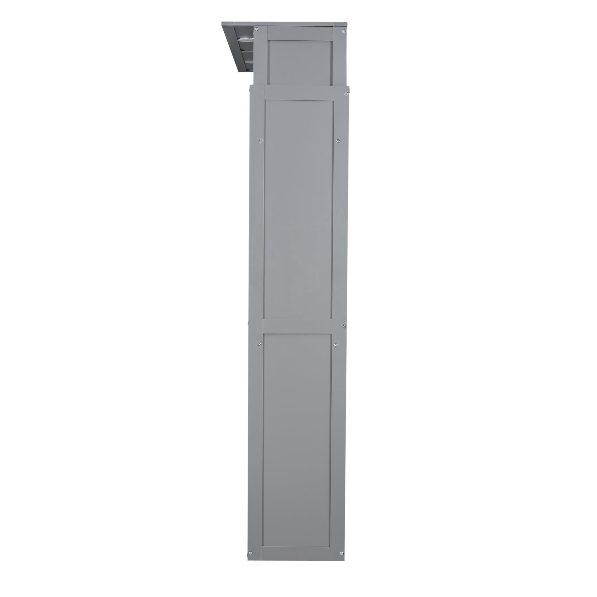 Tall grey wooden storage cabinet with two paneled doors and silver hardware ideal for organizing