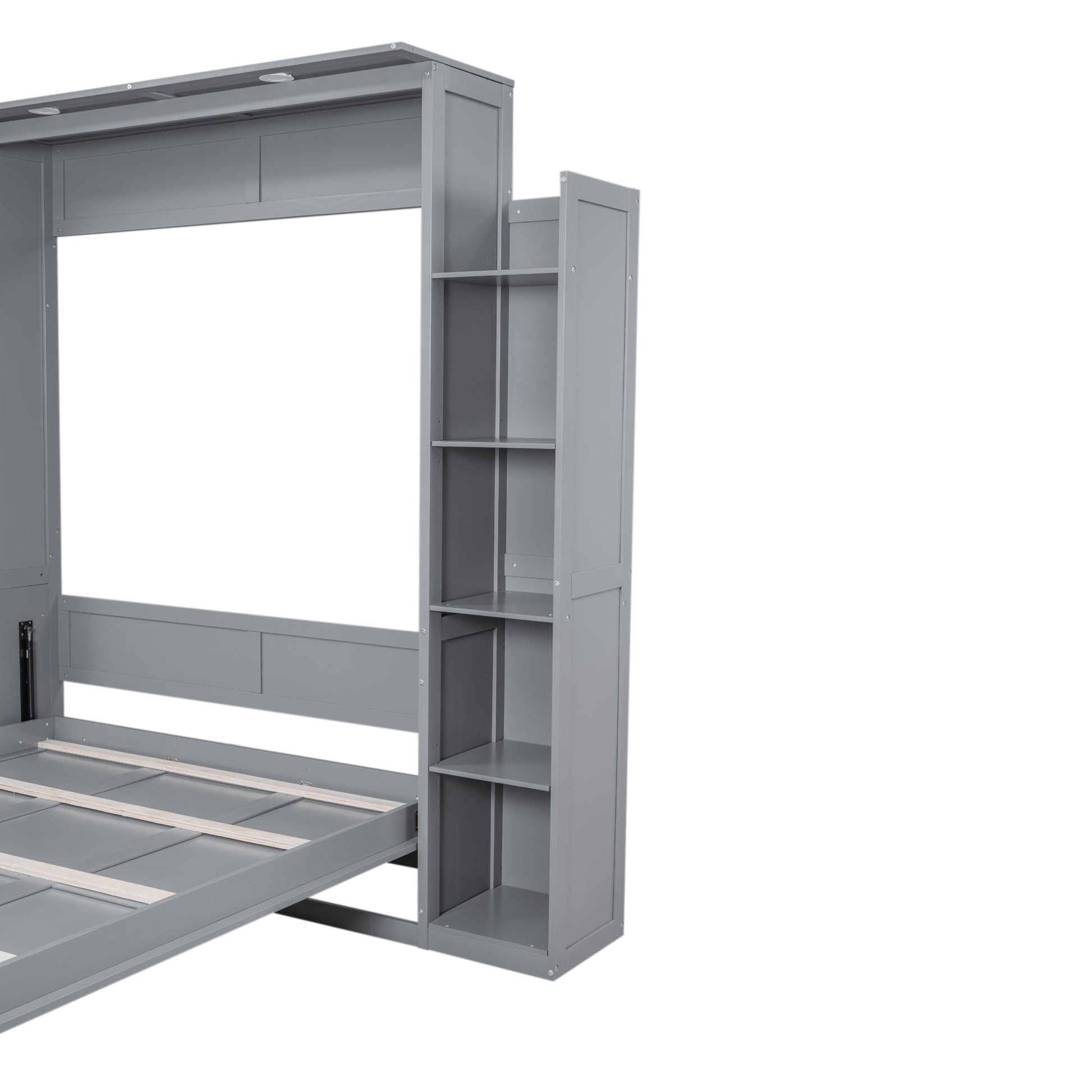 Gray wooden bunk bed frame with builtin shelves and lights