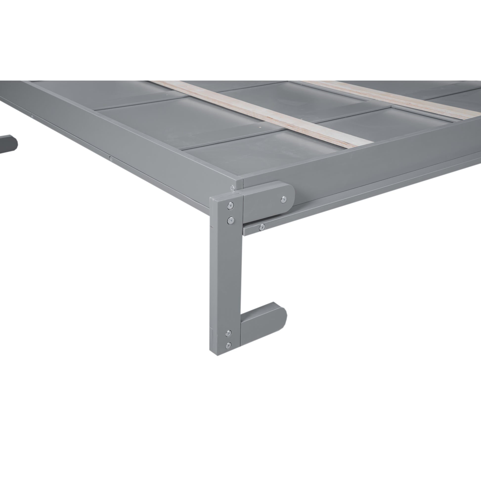 Gray wooden twin bed frame with support slats