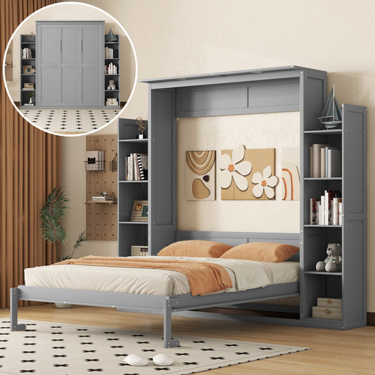 Grey Murphy bed with integrated bookshelves queen size for modern living spaces