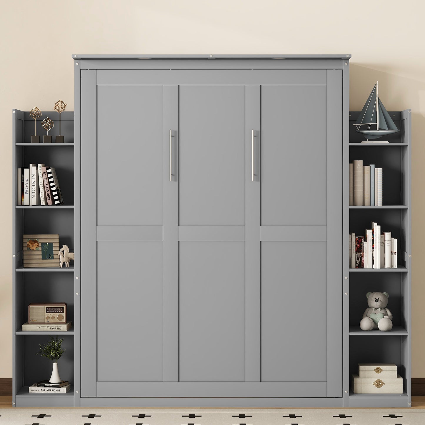 Gray Murphy bed with dual side shelving units and modern silver handles
