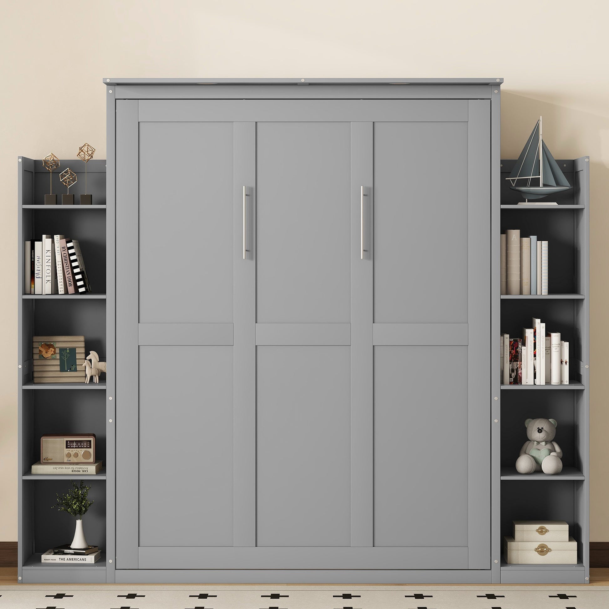 Gray Murphy bed with dual side shelving units and modern silver handles