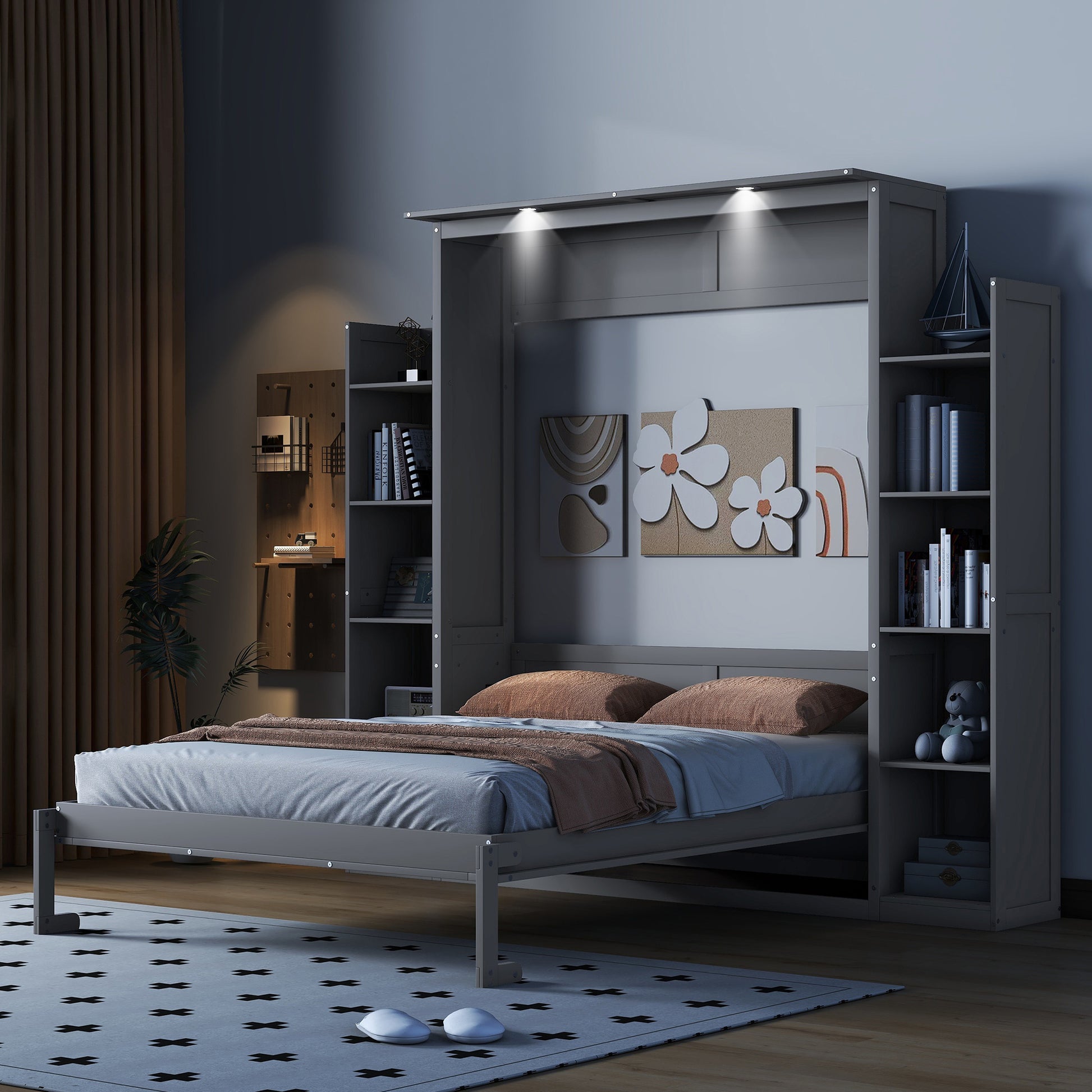 Gray murphy bed with integrated shelving and builtin LED lighting