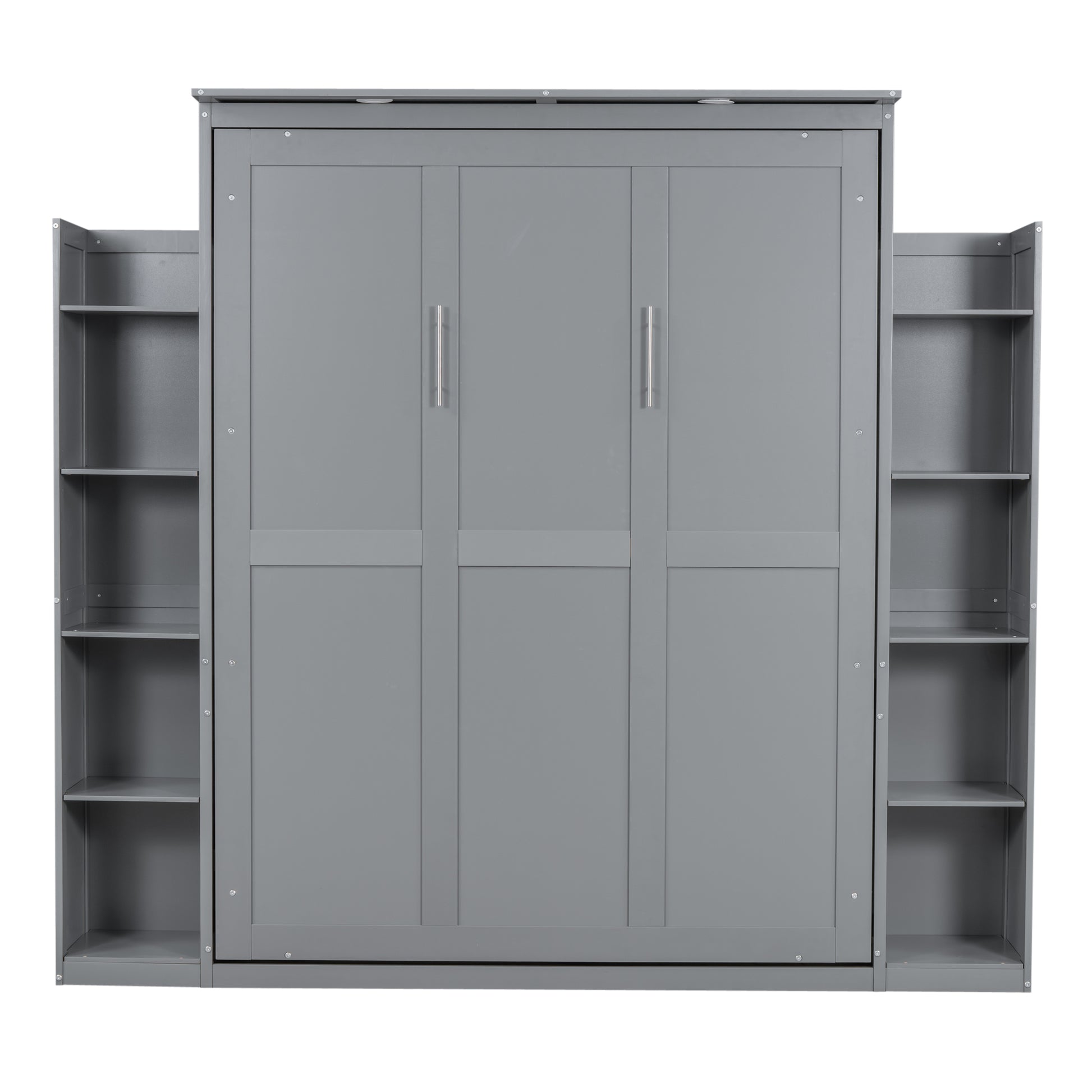 Gray Murphy bed cabinet with integrated shelving