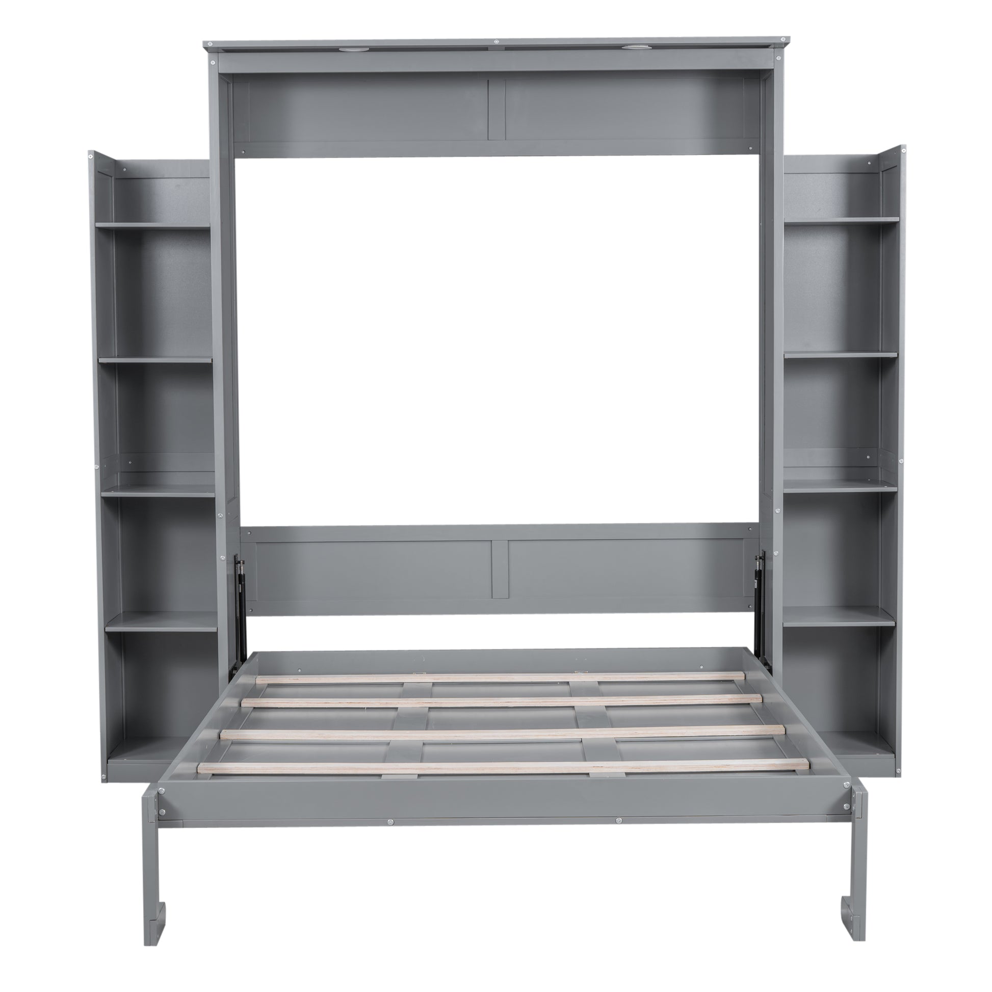 Gray Murphy bed with open side shelves and slatted mattress base