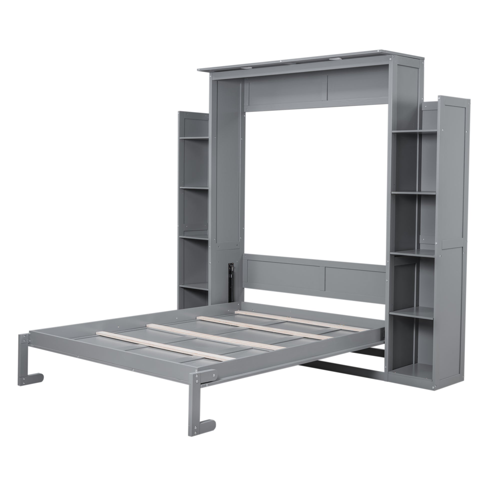 Gray Murphy bed with side shelves