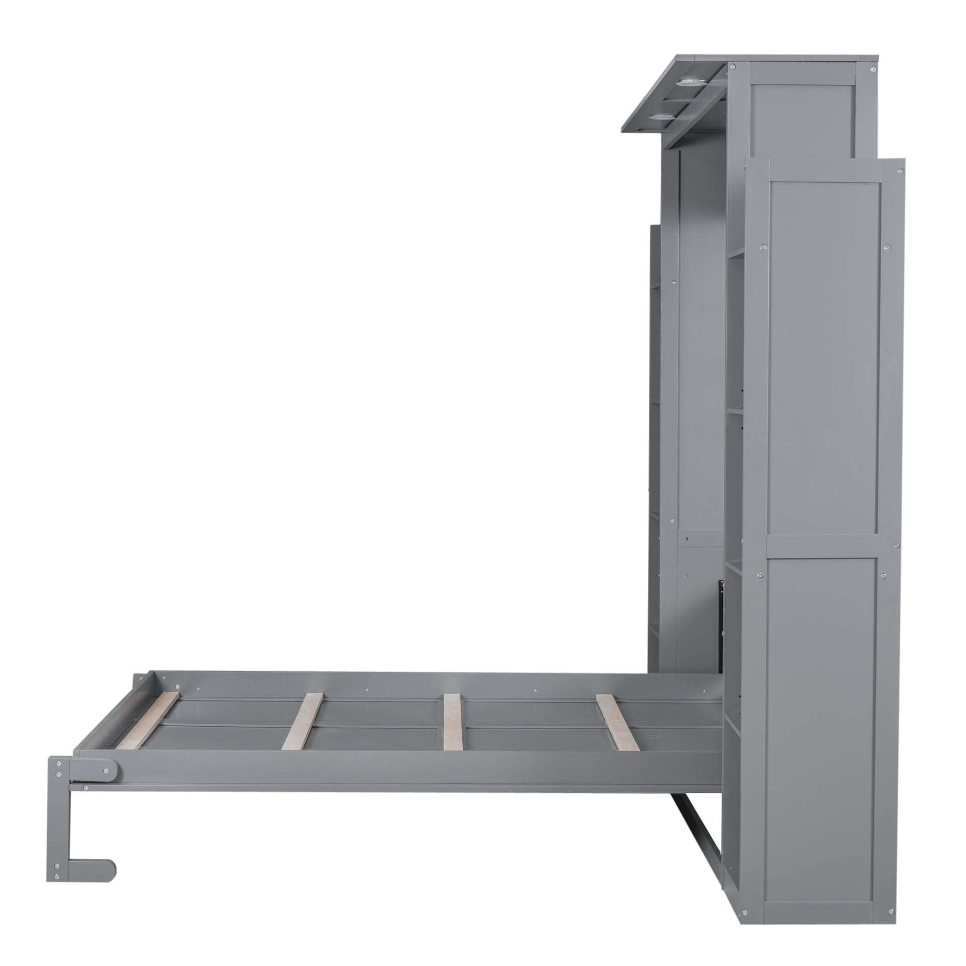 Gray murphy bed frame with integrated shelving and overhead LED lights