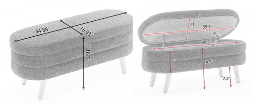 Grey upholstered storage ottoman with wooden legs