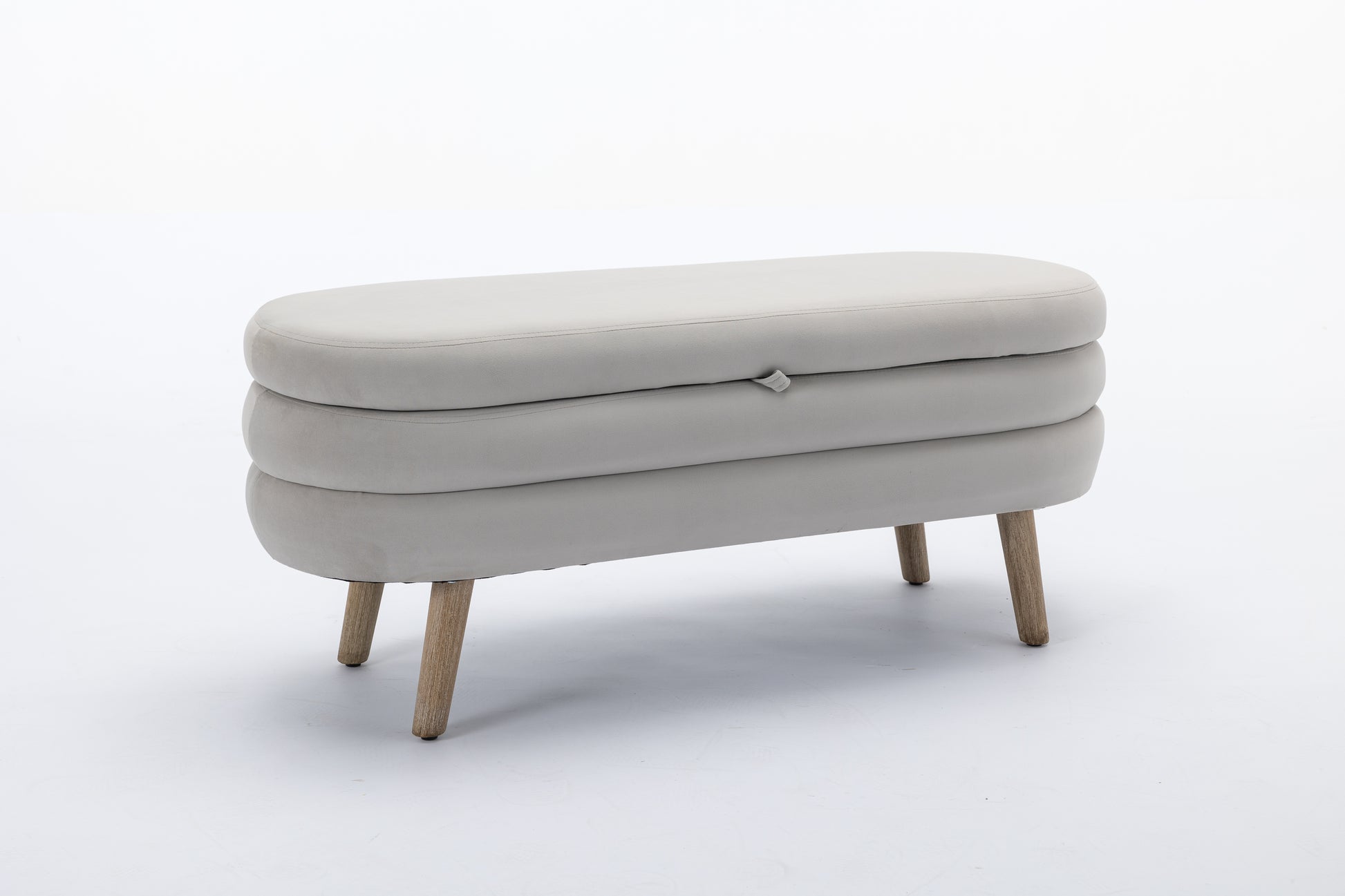 Light grey oval storage bench with wooden legs