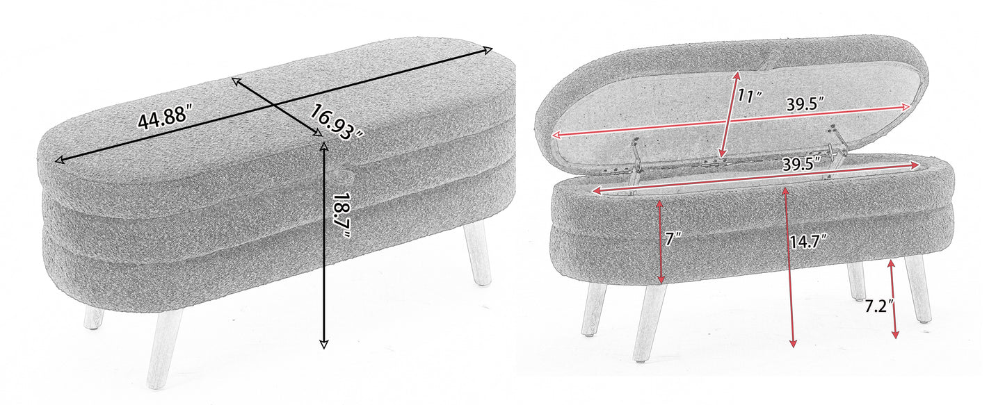 Gray upholstered storage ottoman with rounded edges and tapered wooden legs  L