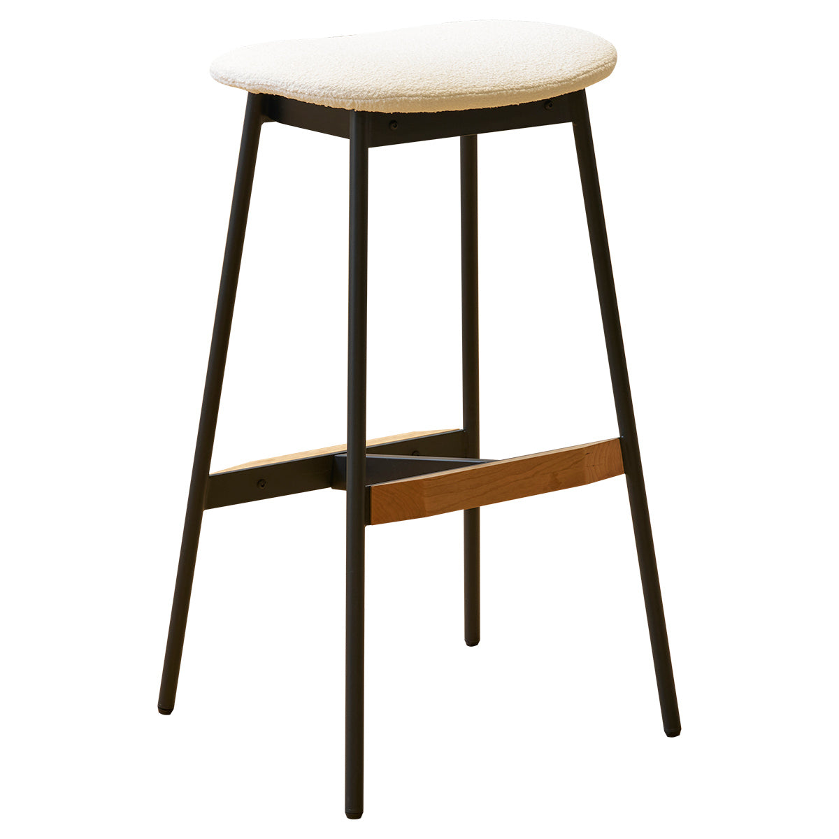 Cream boucle upholstered bar stool with black metal legs and wood footrest accent
