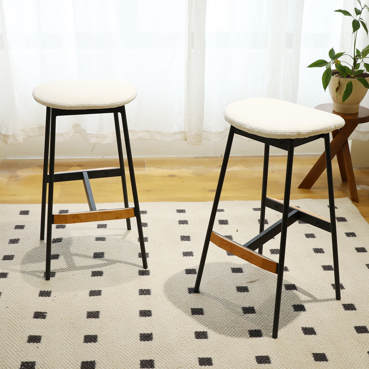Cream upholstered metal frame bar stool with wood accent