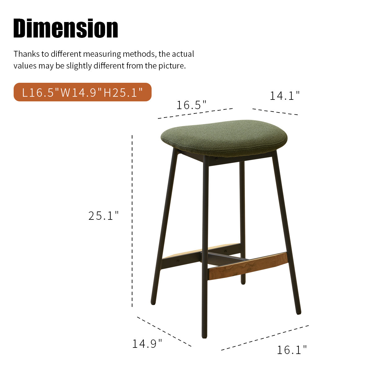 Green upholstered counter stool with black metal legs and wood accent