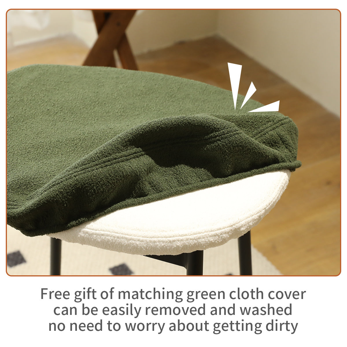 Green textured chair cover folded on a round seat cushion
