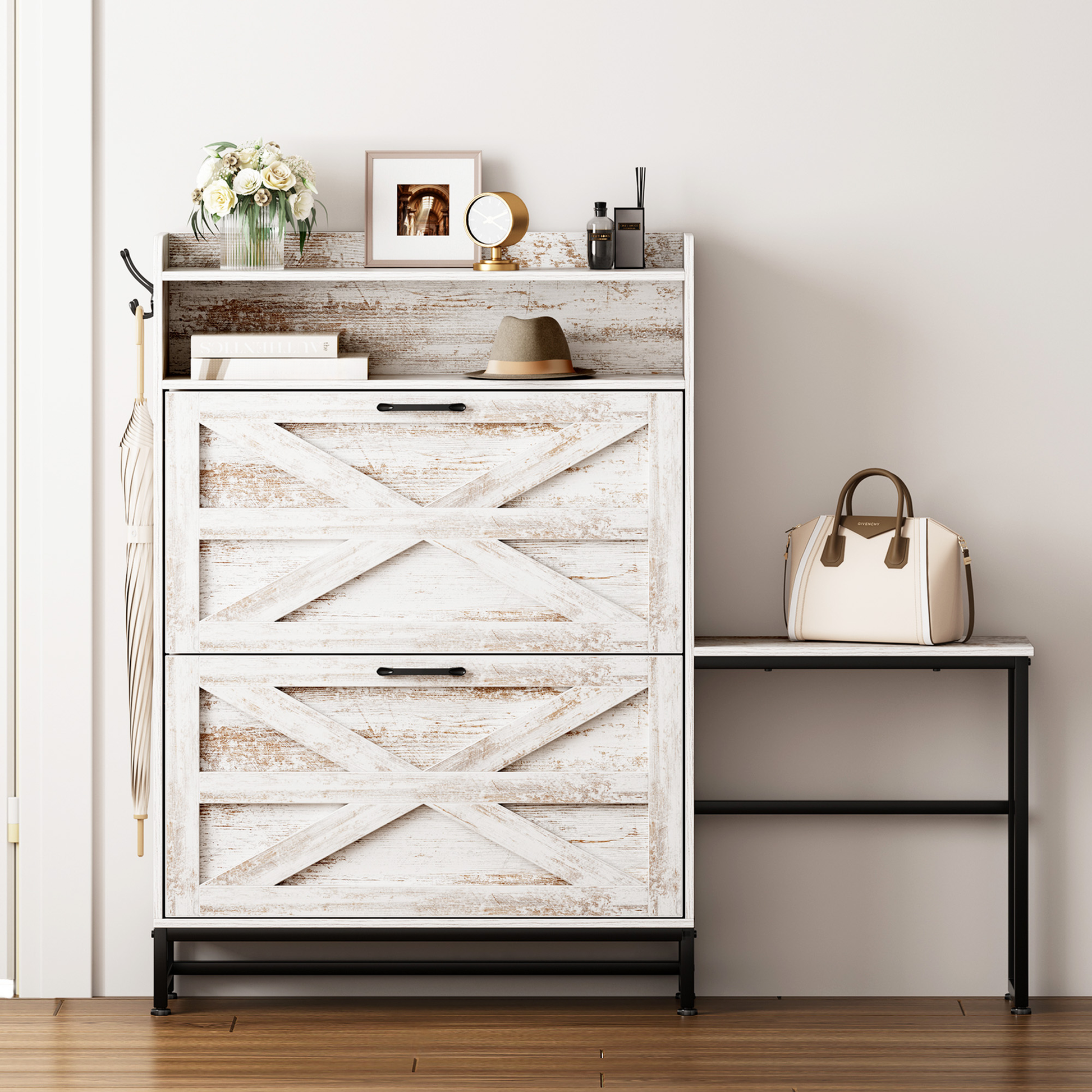 White farmhouse shoe cabinet with two Xdesign doors and black hardware
