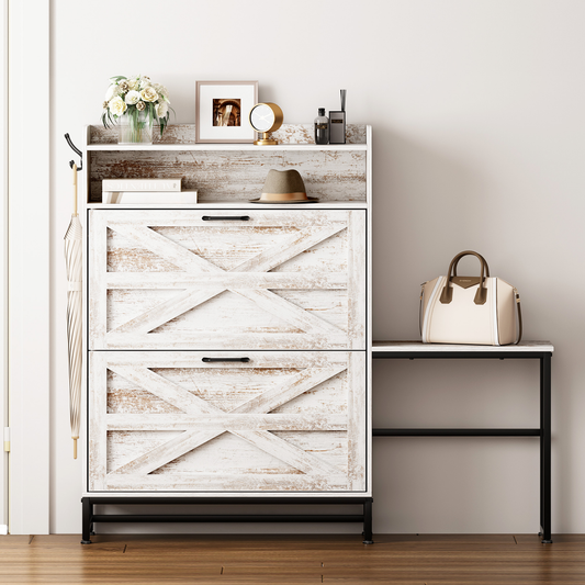 White farmhouse shoe cabinet with two Xdesign doors and black hardware