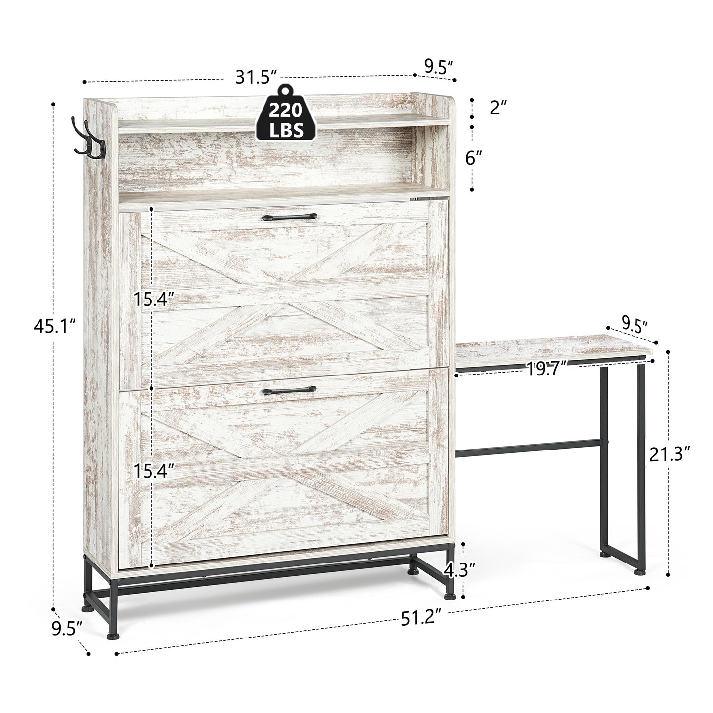 Whitewashed farmhouse entryway cabinet with pullout desk