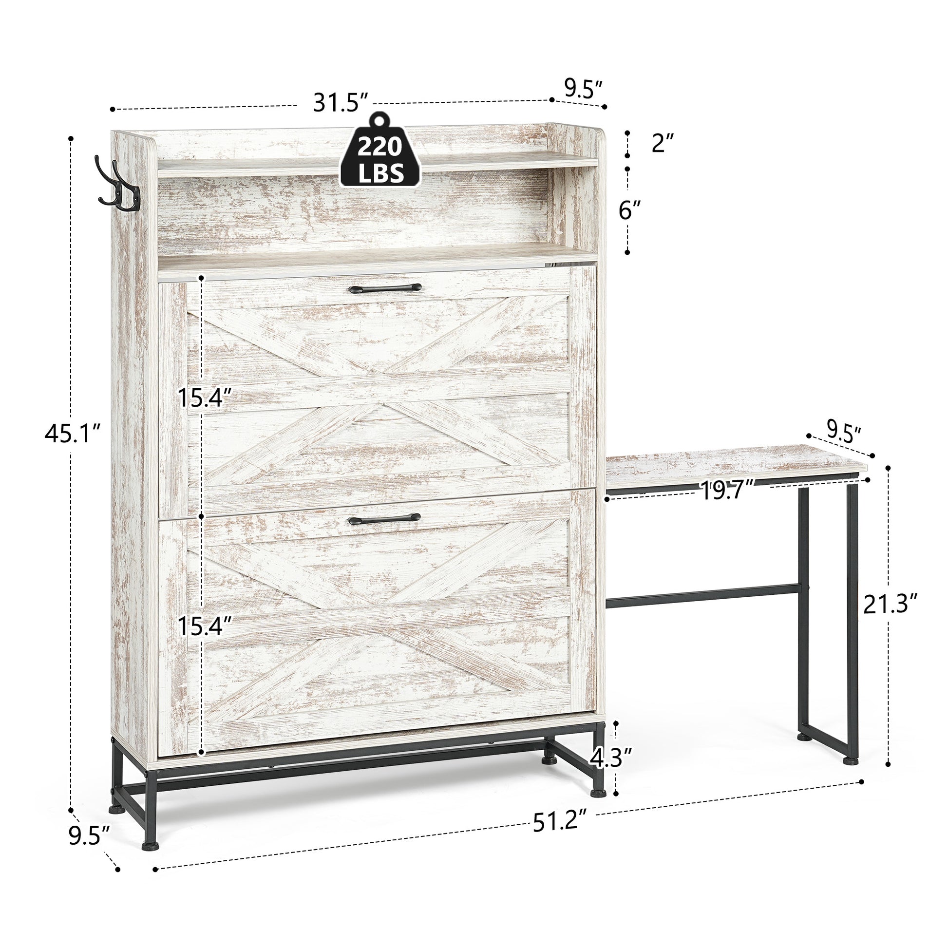 Whitewashed farmhouse entryway cabinet with pullout desk