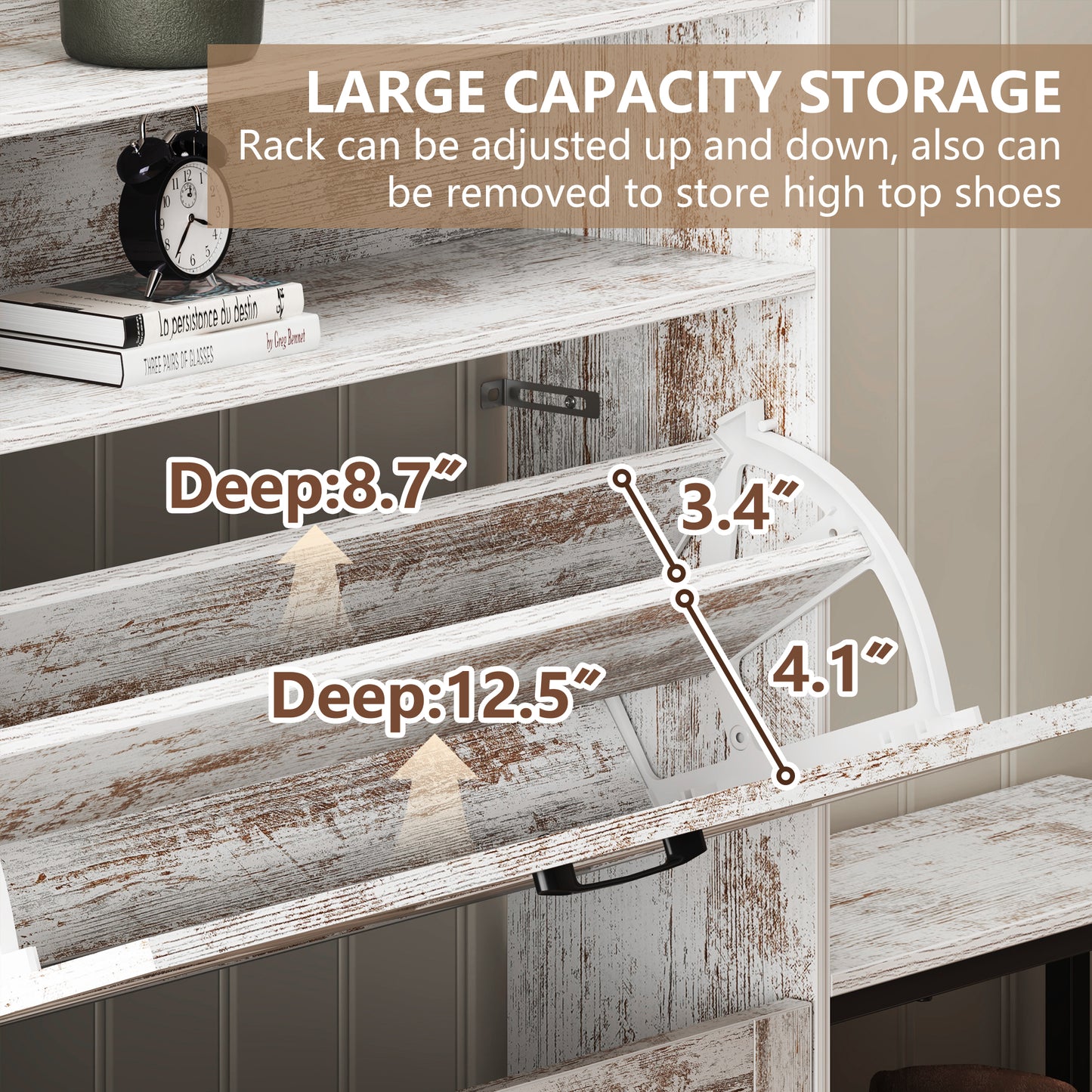 Whitewashed wood shoe cabinet with adjustable shelves for shoe storage
