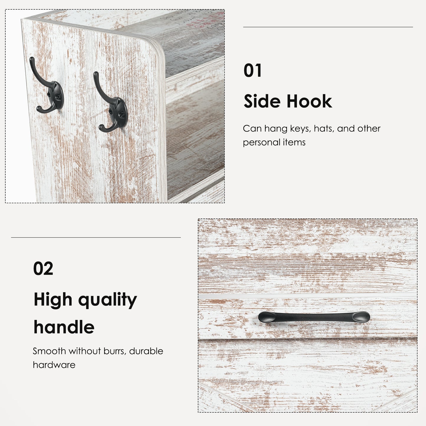 Rustic white wood entryway organizer with two black side hooks for keys